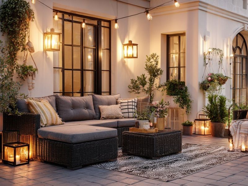 Prikaz elegantnog nameštaja za spolju terasu napolju sa biljkama, ugaonom, stolčićem, tepihom i lampama