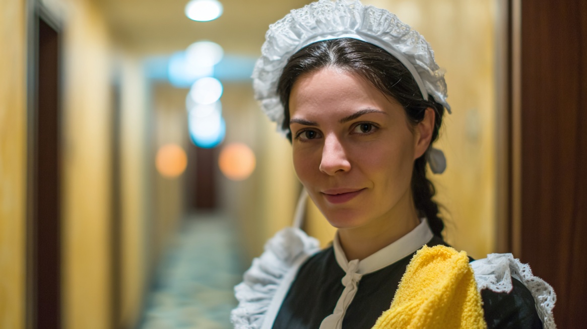 Hotelska sobarica stoji u hodniku držeći krpu za čišćenje, spremna za održavanje prostora