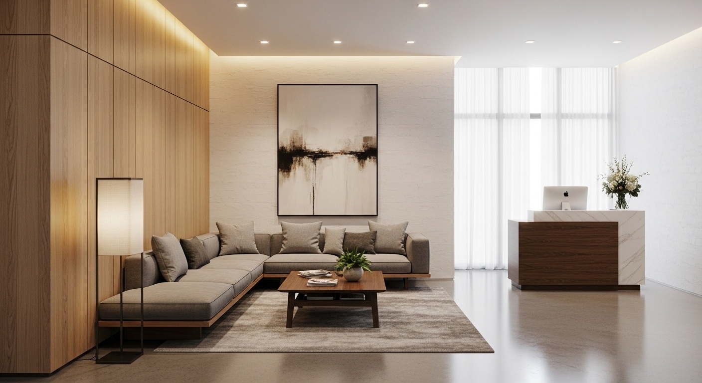 Moderan hotelski ili apartmanski lobby sa recepcijom, sofom, klub stolom i minimalističkim enterijerom