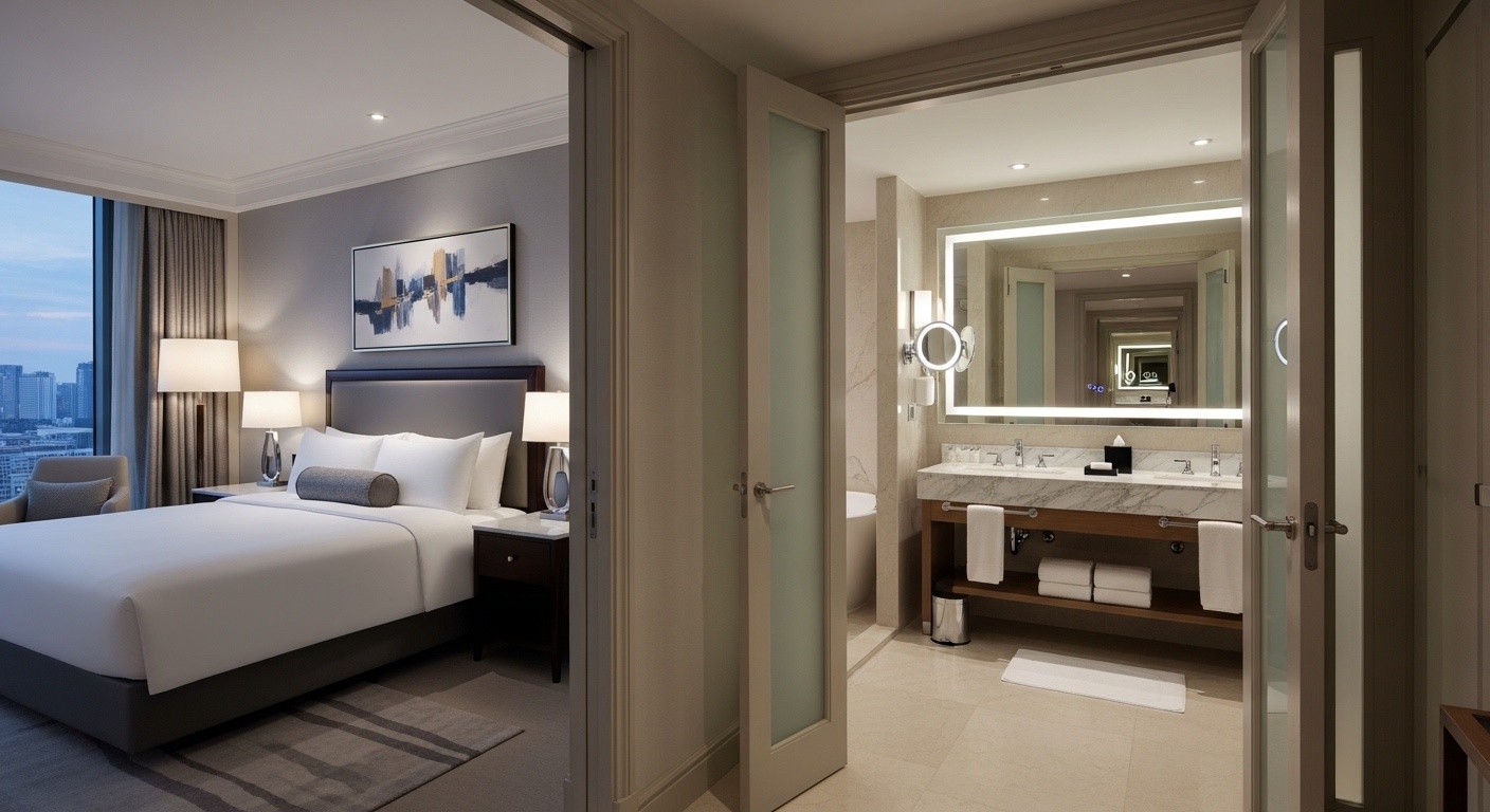 Elegantna hotelska soba povezana sa moderno uređenim kupatilom sa velikim ogledalom i duplim lavaboom
