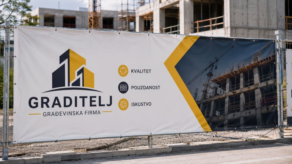 Reklamna cirada sa logotipom građevinske firme postavljena na ogradi gradilišta.