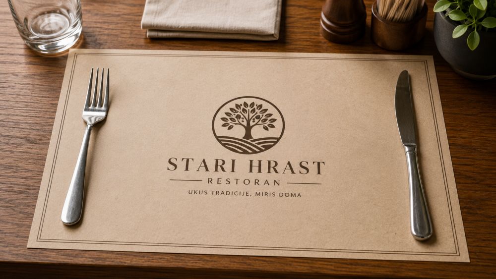 Reklamni papirni podmetač za tanjire sa logotipom restorana postavljen na restoranskom stolu.