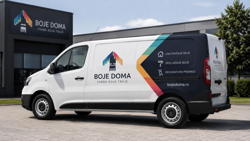 Brendirano službeno vozilo sa reklamnom folijom ispred poslovnog objekta kompanije.