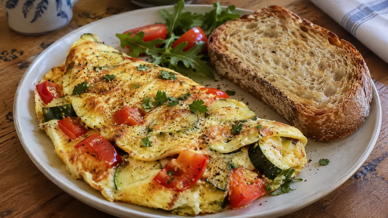 Omlet sa tikvicama i paprikom uz krišku hleba na stolu.